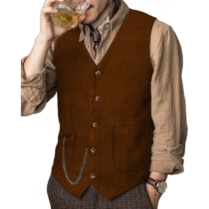Men Vest Coffee Herringbone Solid Single Breasted Waistcoat For Wedding Business Banquet Party Work Daily Casual Men Suit Vest