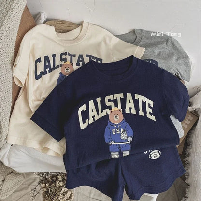Print Cartoon Pattern Boys Short Sleeve T-shirt Suit 2025 Summer Clothing Loose Casual Kids Tracksuits Toddler Costume Outfits