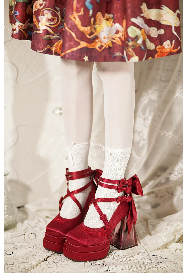 Original Lolita Red High Heels Women's Sweet Elegant Bow Velvet Mary Jane Shoes Ladies Birthday Party Cos Platform Shoes Spring