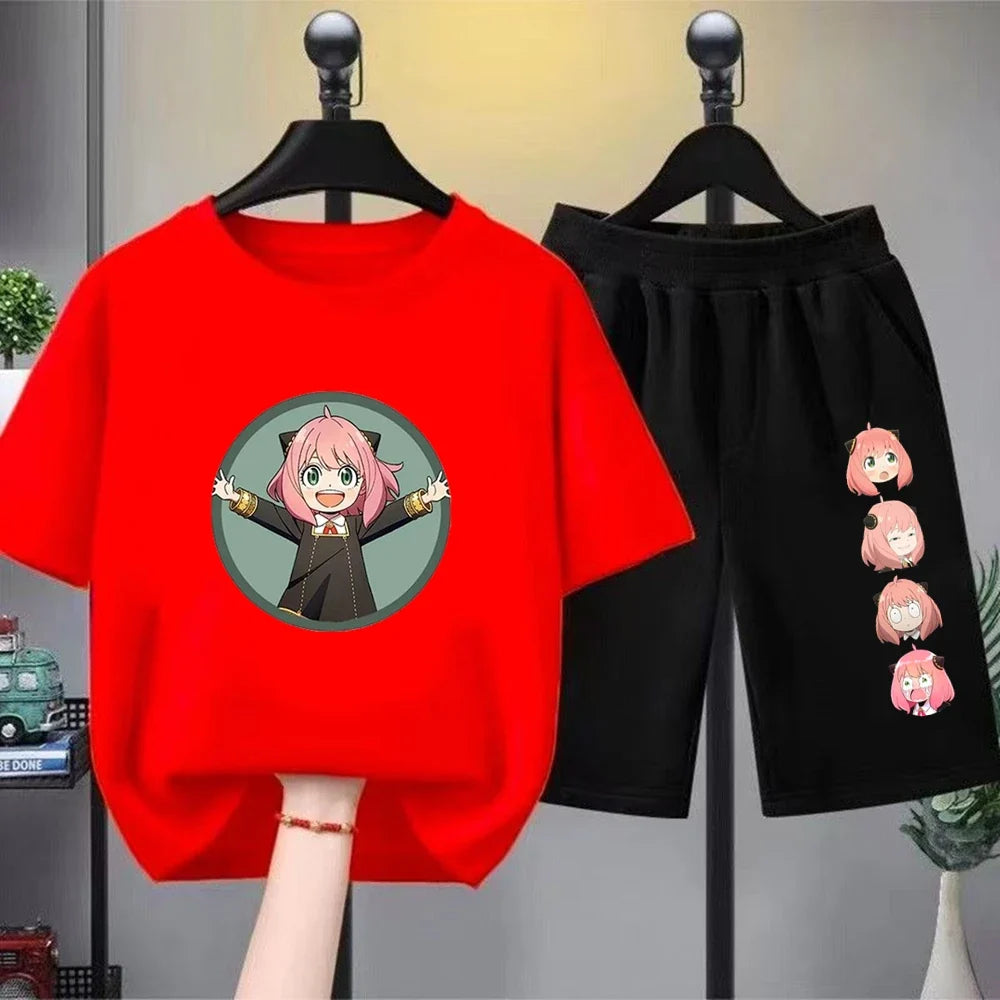 Anime Spy X Family Children T-Shirt+Bottom Wear Age 3-12 Girls Pink Set Black 2pcs Kids Set Print Summer Cool T-Shirt
