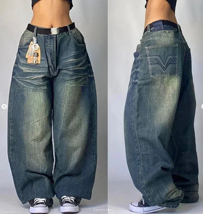 American Street Trend Letter Embroidered Loose Jeans Men Harajuku Y2K New Hip Hop Oversized Wide-leg Pants Unisex Mopping Jeans