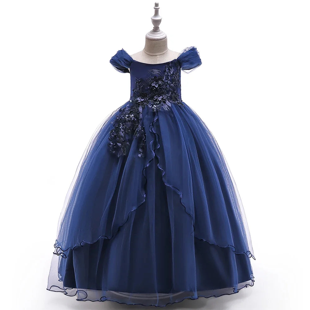 Elegant Wedding Bridemaids Party Girls Dress Tulle Bow Birthday Princess Dresses for Kids Flower Christmas Prom Evening Costumes