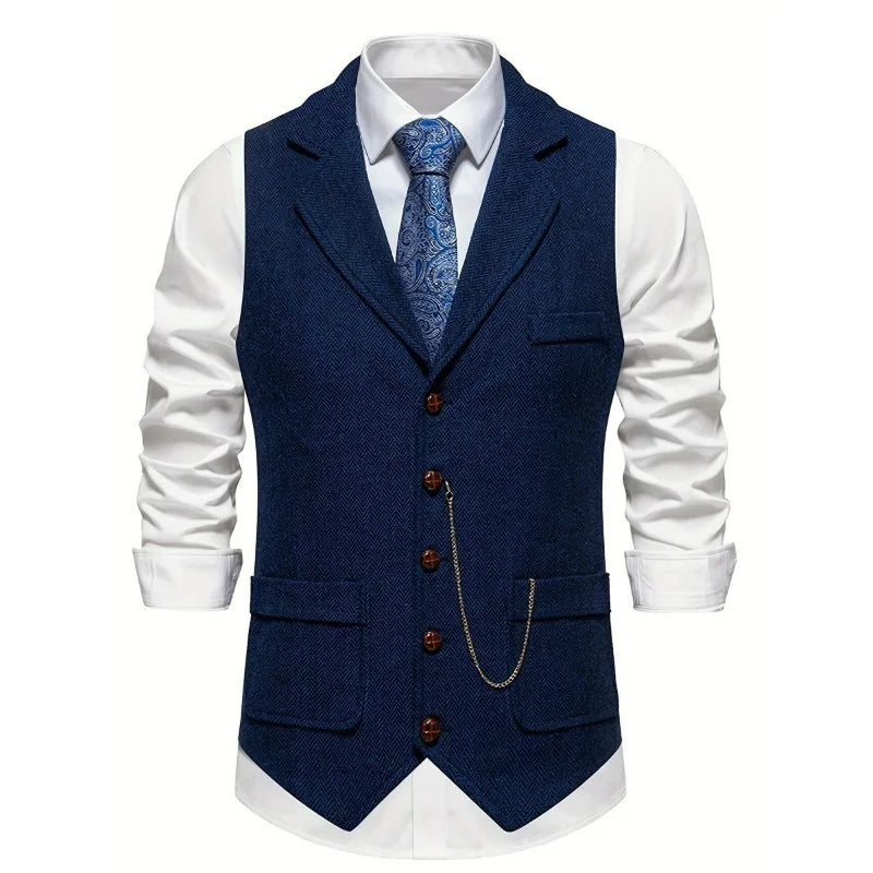 Man Suit Vest British Style Turn Down Collar Male Waistcoat Vintage Single-breasted Business Casual Men Coat Vest