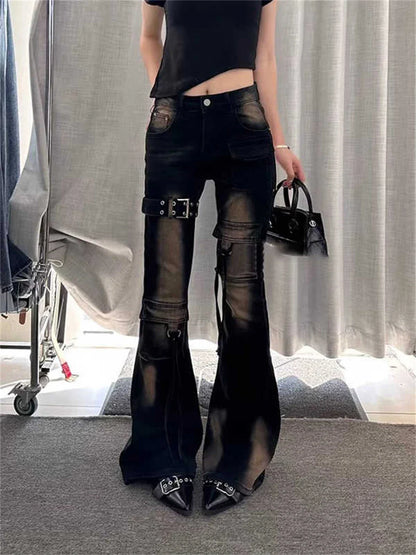 2025 Autumn Winter Women's Denim Pants High Waist Cargo Jean Goblin Core Kpop Bell Bottom Japanese Y2k Stretch 2000s Jeans Gyaru