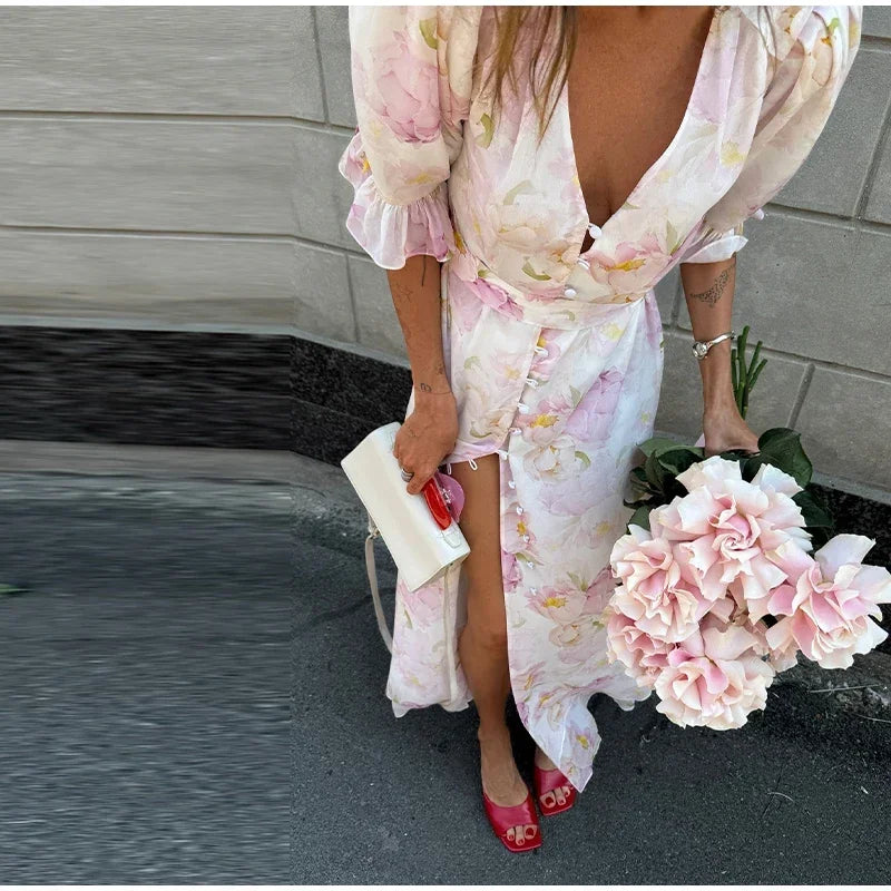 V-neck Organza Floral Chiffon Puff Sleeve Slit Long Dress Bodycon High Slit Bodycon Sexy Dresses Lady Chic Daily Sweet Date Robe