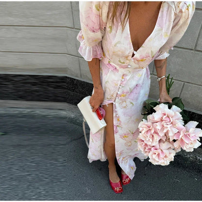 V-neck Organza Floral Chiffon Puff Sleeve Slit Long Dress Bodycon High Slit Bodycon Sexy Dresses Lady Chic Daily Sweet Date Robe