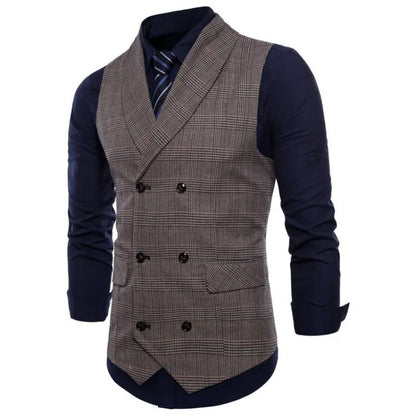 Men Vest Vintage Plaid Turn Down Collar Male Suit Vest Slim Double-breasted Sleeveless Business Casual Man Waistcoat