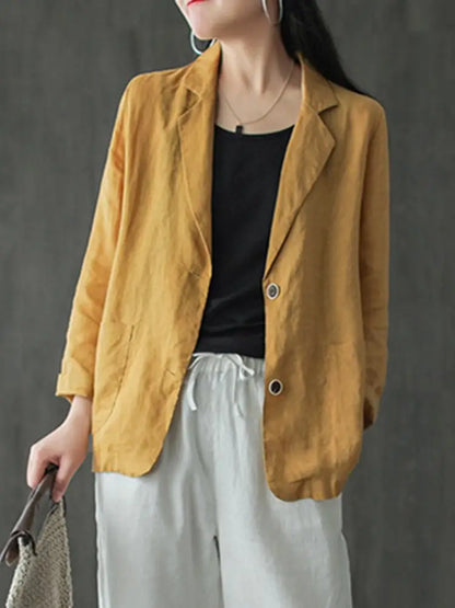 Women Lapel Neck Long Sleeve Blazer Autumn Vintage Casual Solid Cotton Blazer Elegant Cardigan Thin Coats Work Suits