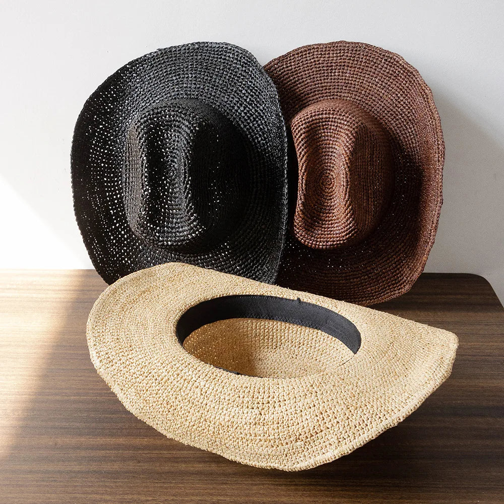 Hand-crocheted Natural Raffia Straw Cowboy Hat for Women Men Summer Wide Brim Sun Hat Outdoor Breathable Beach Caps