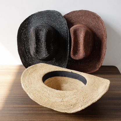 Hand-crocheted Natural Raffia Straw Cowboy Hat for Women Men Summer Wide Brim Sun Hat Outdoor Breathable Beach Caps