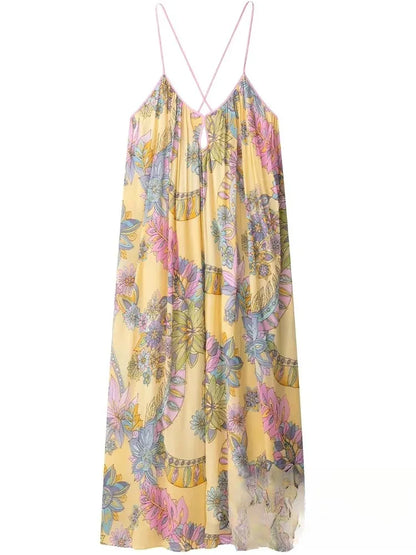 Sexy Floral Print Chiffon Print Loose Dress Women Cami Loose Beach Dress Fashion 2025 Summer Backless Female Dress