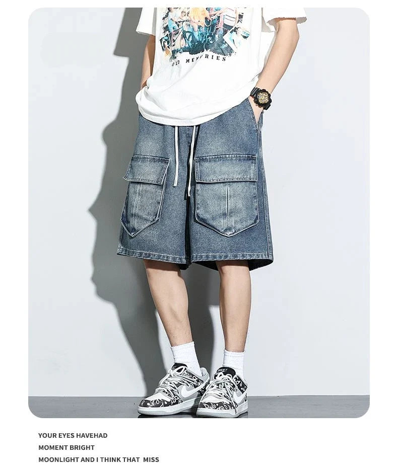 Bermuda Men's Denim Shorts Summer New Fashion Loose Jeans Casual Vintage Drawstring Cargo Short Pants Male Streetwear