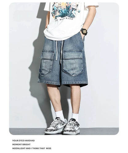 Bermuda Men's Denim Shorts Summer New Fashion Loose Jeans Casual Vintage Drawstring Cargo Short Pants Male Streetwear