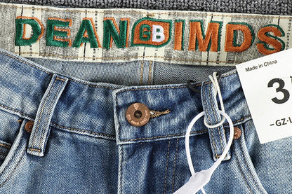 New wash light blue ground white jeans men's spring American fashion brand small straight leg retro casual youth pants