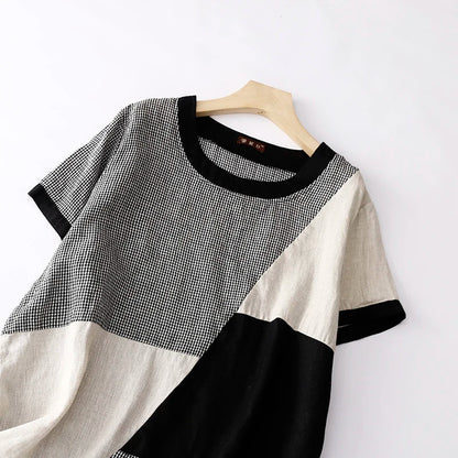 Summer Casual Loose Women's Plaid Linen Dr Design Sense Color Blo Mid-Length Slimming A-Line Skirt Korean Sle Commute