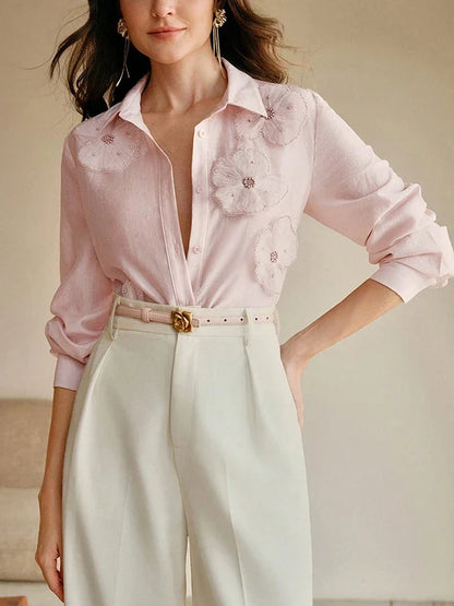 2025 New Long Sleeves Shirts for Women Summer Autumn 3D Flower Chic Blouse Tops for Women Office Business Casual Work