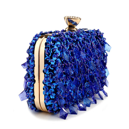 Glitter Party Dinner Evening Bags Purple Color Tassel Acrylic Clutch Bags Flap Fashion Metal Chain Diamonds Handbags Beading