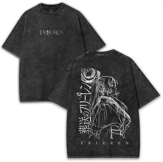 Frieren T Shirt Beyond Journey's End Anime Clothing Men Women T-shirts Short Sleeve Vintage Washed TShirt Cotton Tees Top