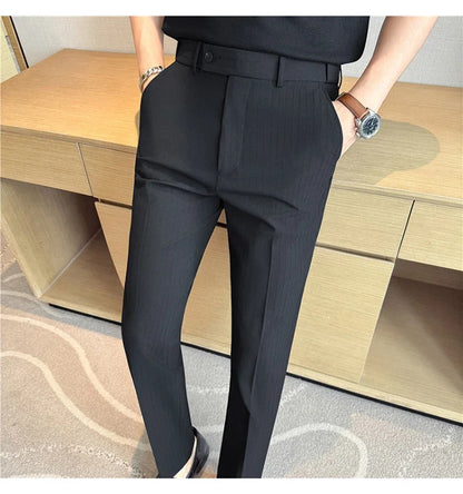 Spring Autumn New Elastic Waist Casual Trousers Male High Waist Dark Striped Slim Fit Pants Men Business Formal Casual Suit Pant
