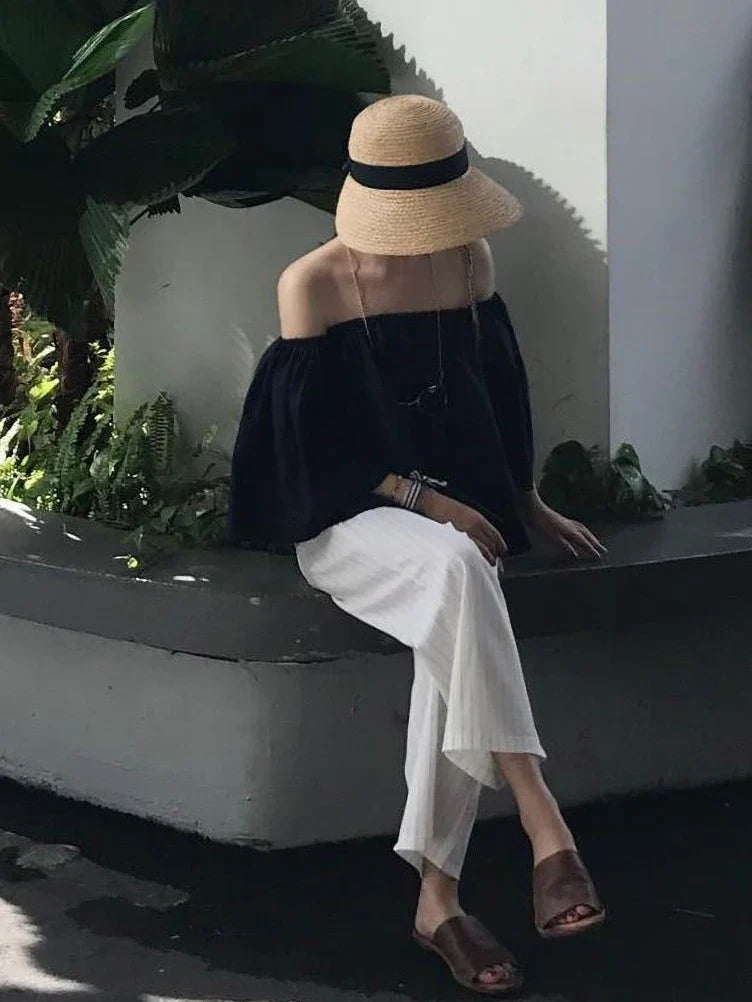 Holiday Beach Youth Off Shoulder Blouses Tops Korean Fashion Puff Sleeve Shirt Summer Elegant Tees Dongdaemun Backless 2024 New