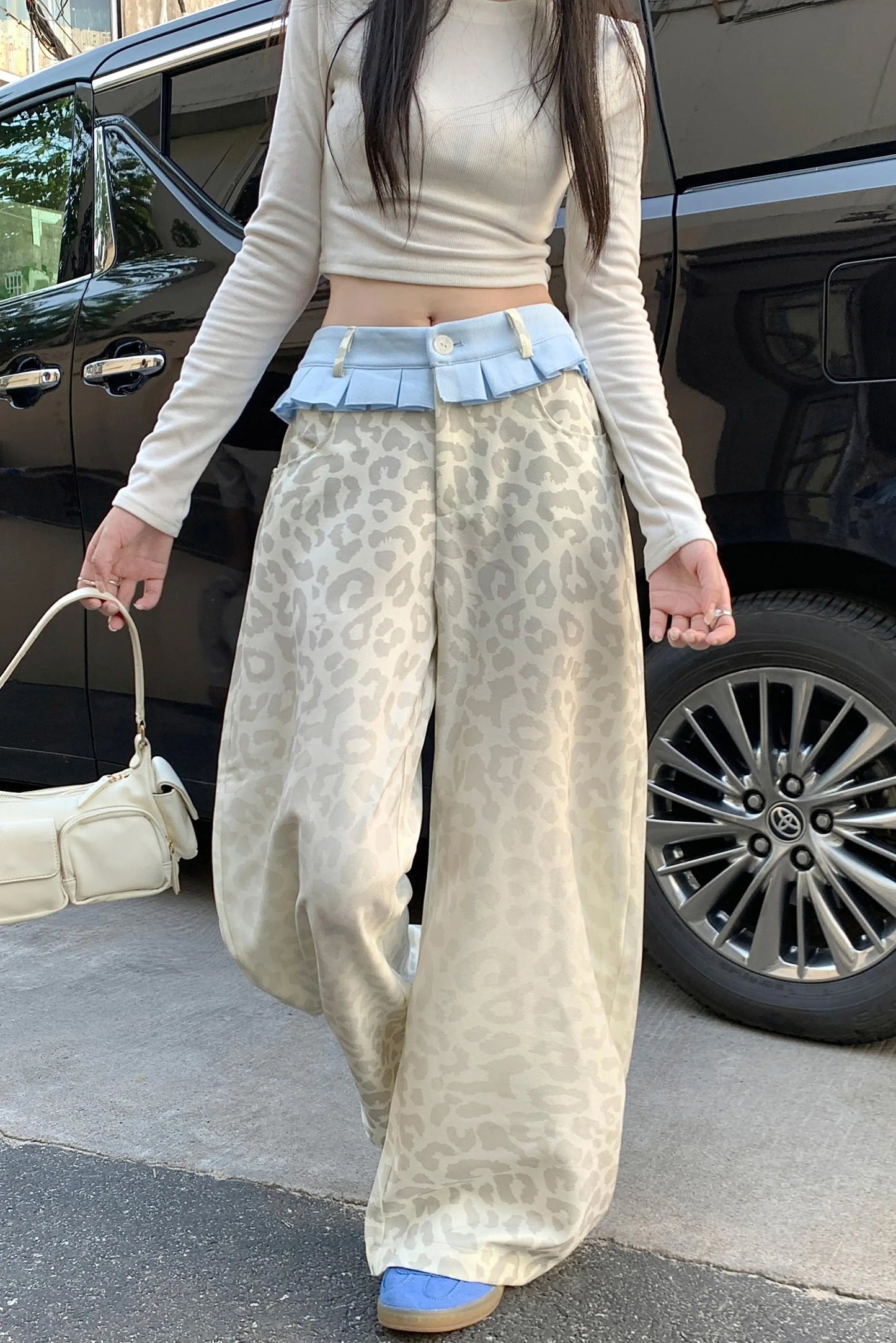 Women's Beige leopard print Y2k Jeans Baggy Aesthetic Denim Trousers Harajuku Streetwear Jean Pants Vintage 2000s Trashy Clothes