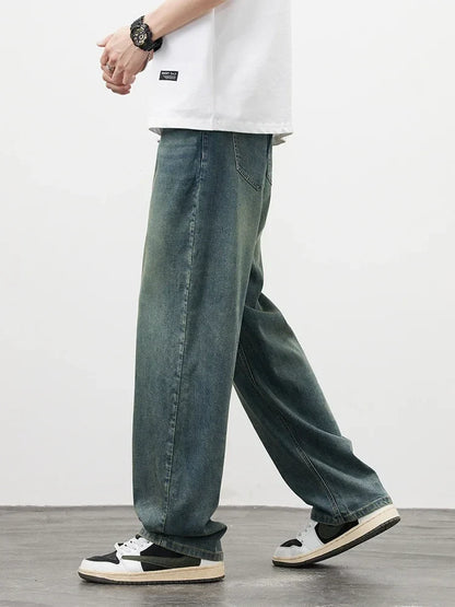 2025Spring Autumn New Men Straight Vintage Fit Jeans Casual Trousers High Quality Male Korean Fashion Baggy Wide Leg Denim Pants
