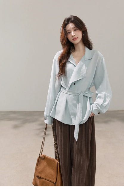 Women's Stand Collar Long Sleeve Shirts Spring Belted Waist Asymmetric Button Tops Casual Loose Solid Shirt MXF13C2459