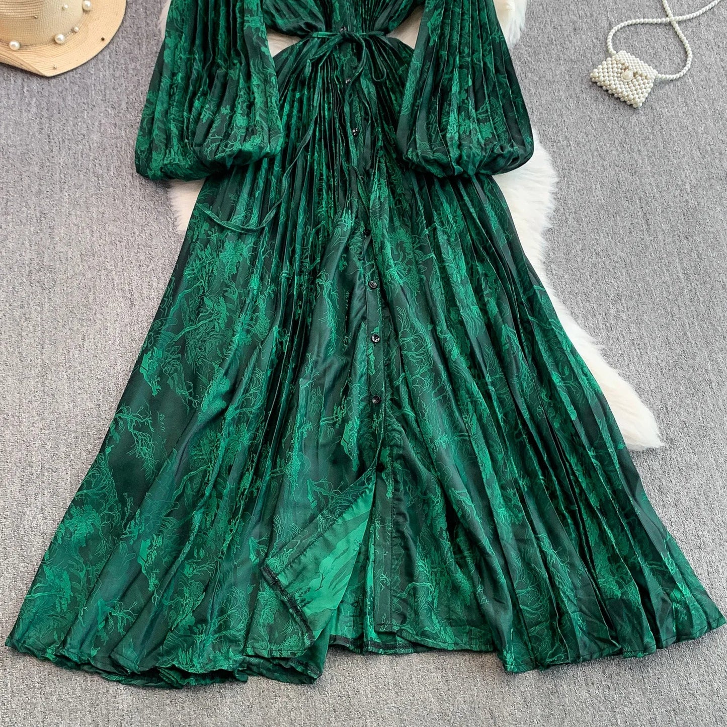 Ele Printed round Ne Lantern Sve Dr Women's Single Button Waist Cinch Maxi Skirt Long Dr Commute Sle Autumn