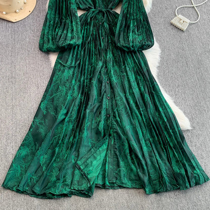 Ele Printed round Ne Lantern Sve Dr Women's Single Button Waist Cinch Maxi Skirt Long Dr Commute Sle Autumn