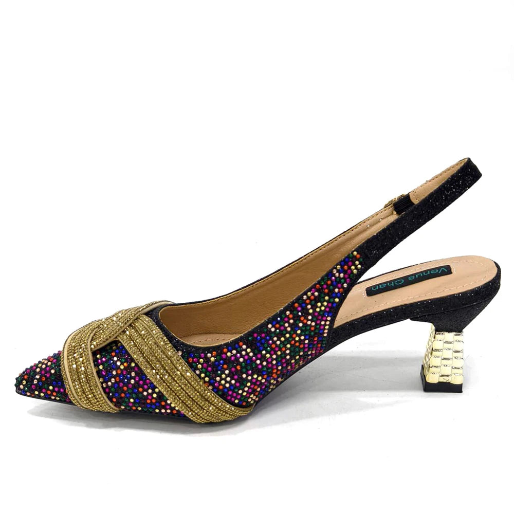 Nigerian Heel Party for Women Shoes and Bag Set Champagne Colour Rhinestone Handbag Italian Design Wedding INS 2024