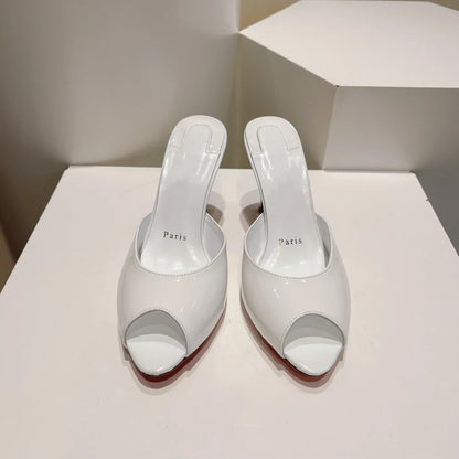 New patent leather nude high heels stiletto round head open-toed fish mouth shoes sexy outer slippers women's muller shoes