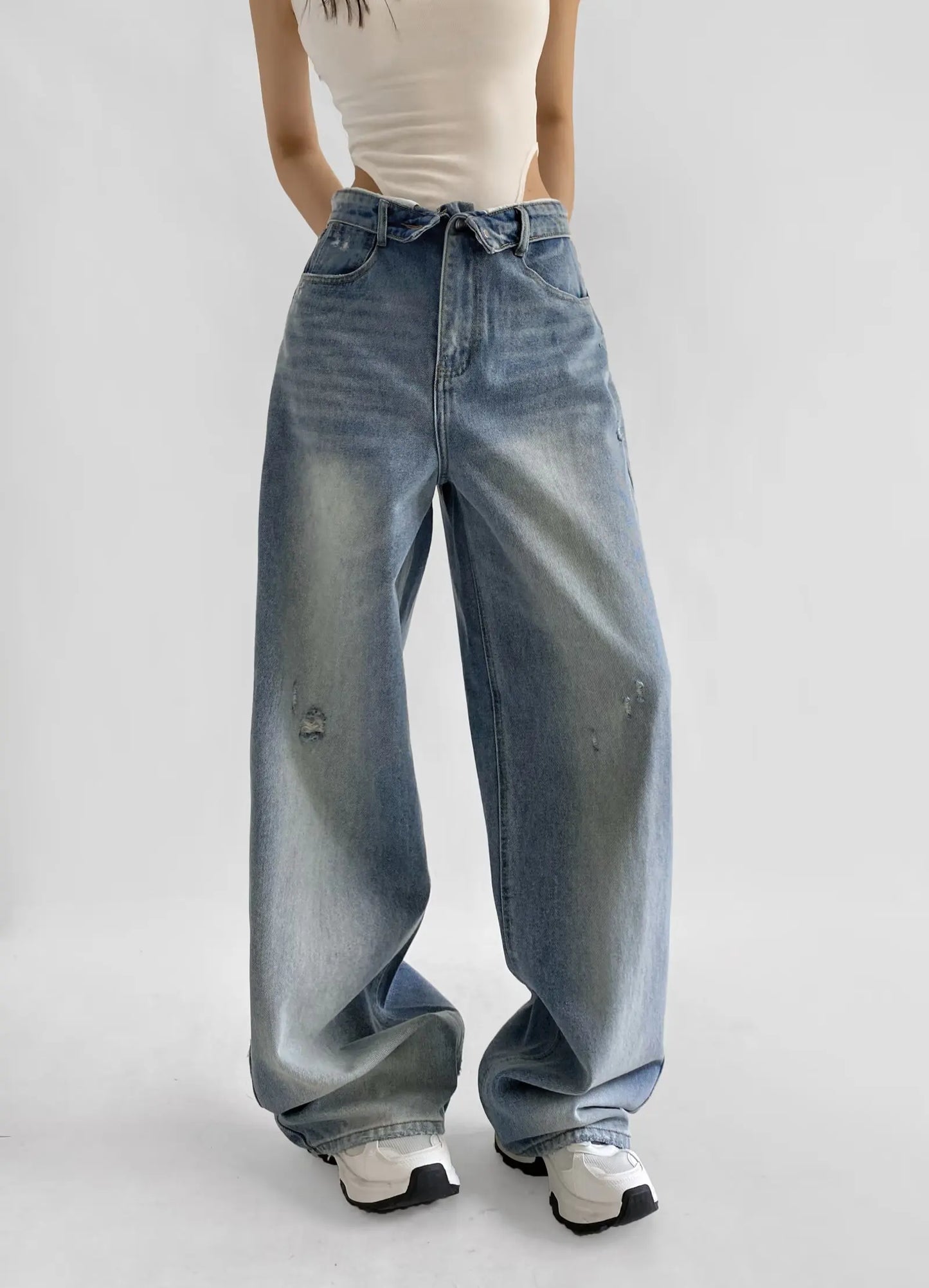 American Retro Cuffed High Waist Slimming Casual Denim Jeans Women's Autumn Versatile Loose Straight Leg Floor-Length Pants