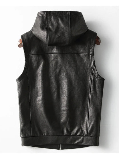 Spring Autumn Luxury Elegant Cool Black Pu Leather Vest for Men with Hood Zipper Sleeveless Jacket Men Clothing 2023