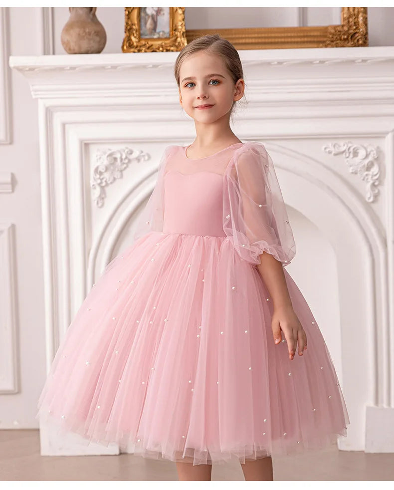 Summer New Girl 4-8Y Seven Sleeve Puff Skirt Dreamy Children's Dress Birthday Party Flower Girl Princess Dress