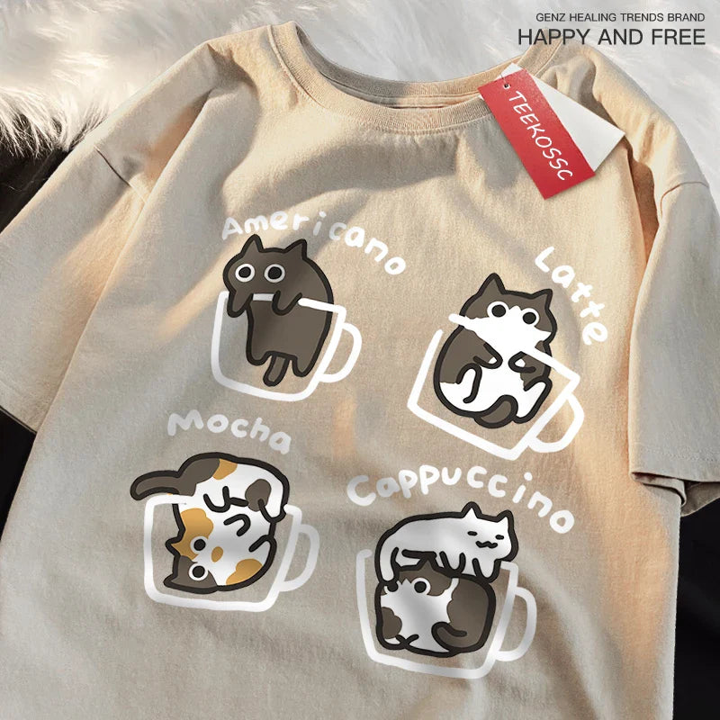 American Style Coffee Cat Japanese Style Tshirts Man Casual Breathable Cotton Loose Summer T-Shirt Loose Cotton Oversize T Shirt