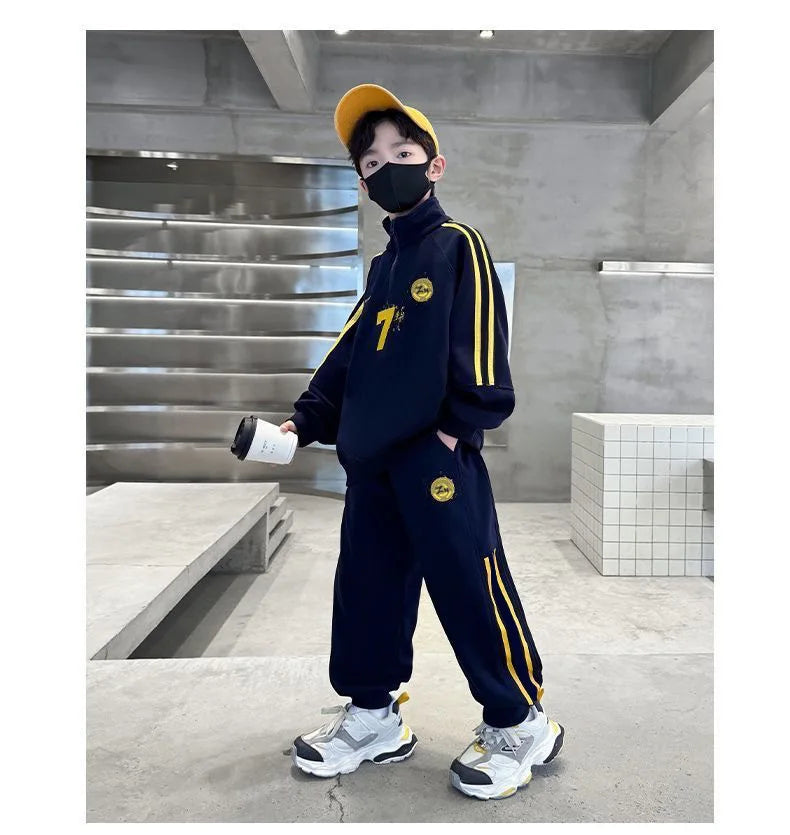 SpringAutumn Boys Cotton Half Zip Pullover Sweatshirt+Sweatpant Work Set School Kid 2PCS Tracksuit Children Jogger Outfit 5-16Yr