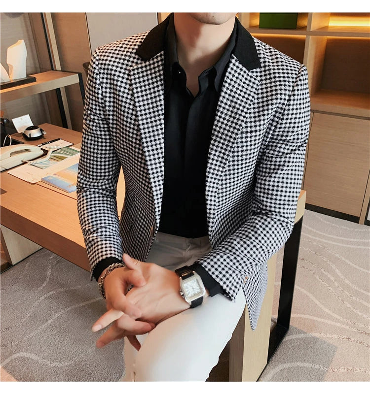 2024 Autumn Winter Korean  Houndstooth Blazer Jackets Fashion Color Matching Lapel Design Casual Men's Plaid Suit Coat Tuxedo