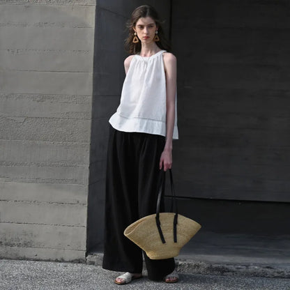 100% Linen Halter Tops Women 2026 Summer New Round Neck Sleeveless Tank Top French Office Ladies Loose Camisoles