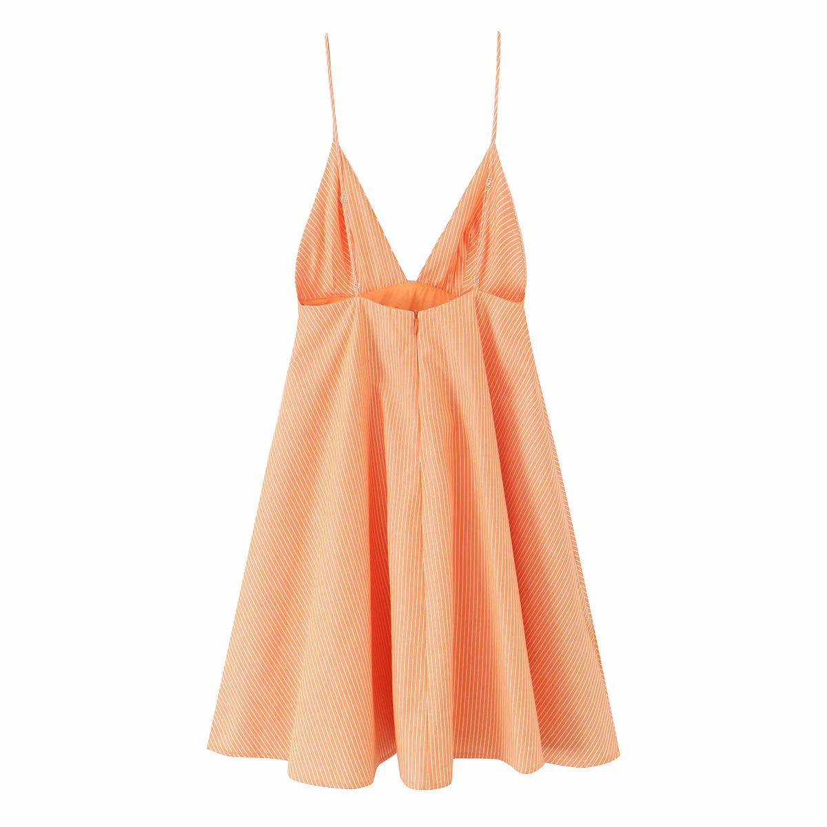 Women Summer Orange Striped Backless Zipper Mini Dress Thin Straps V-Neck Female Chic Lady Dresses Vestidos Para Mujer