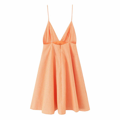 Women Summer Orange Striped Backless Zipper Mini Dress Thin Straps V-Neck Female Chic Lady Dresses Vestidos Para Mujer
