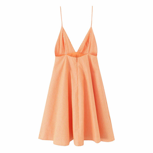 Women Summer Orange Striped Backless Zipper Mini Dress Thin Straps V-Neck Female Chic Lady Dresses Vestidos Para Mujer