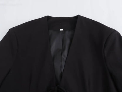 Casual Oversized Black Blazer Women V Neck Bow Tie Pockets Loose Jackets Fashion 2025 Fall Streetwear Women Outwears