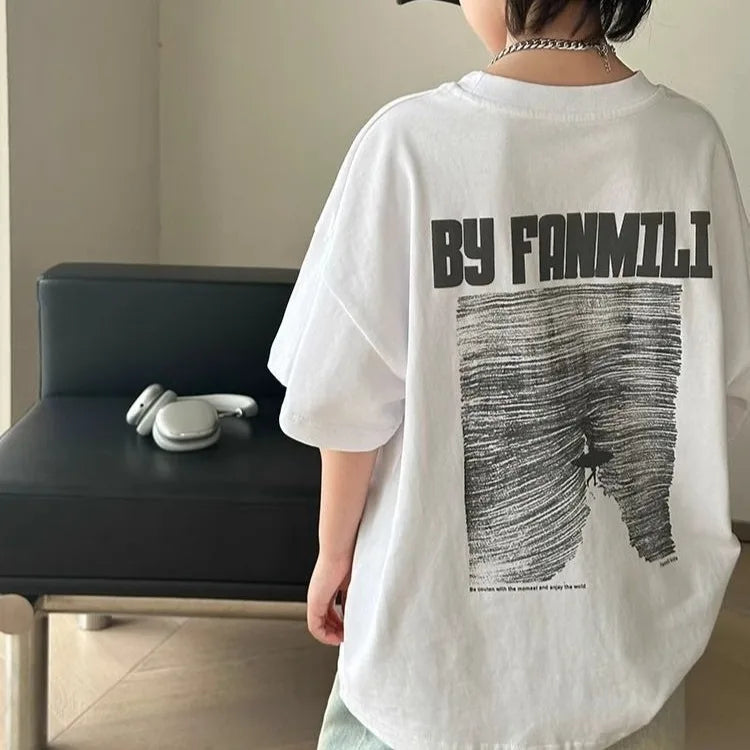 Black Graffiti Letters Pure Cotton Short Sleeve T-Shirt for Tween Boys Loose Fit Summer Youthful Wear Kids Outerwear Clothing