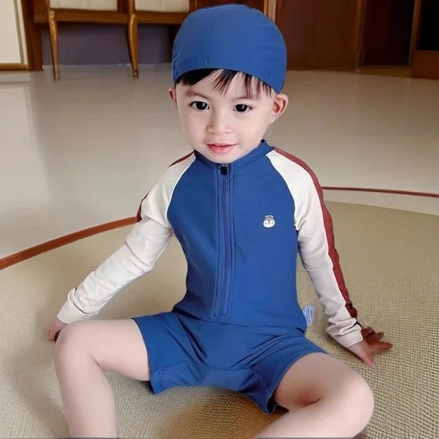 Summer Kids Swimwear Boys Beach Wear Plaid One-piece & Split Long Sleeve Boys Swimwear with Cap Sunscreen Baby Clothes