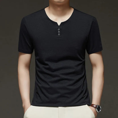 2026 New Men's Business Casual Three Button V-neck Short Sleeved T-shirt Korean Style Summer Comfortable Versatile Top