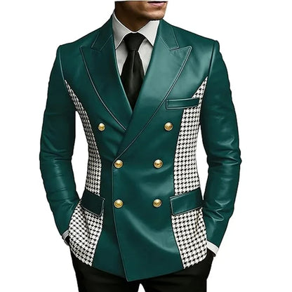 Men’s Brown Leather Blazer With Houndstooth Sides Vintage Two-Tone Double Breasted Slim Fit Gold Buttons Leather Tuxedo Jacket