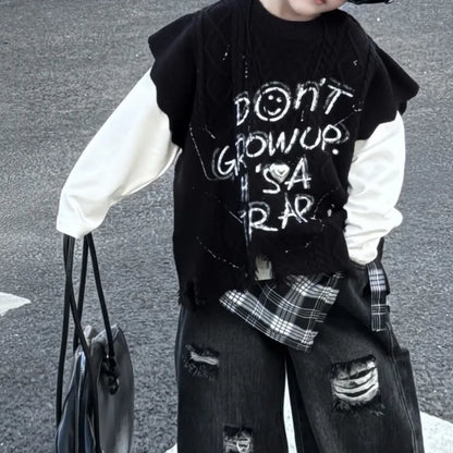 2026 Spring Fall Outfits Baby Kid Boys Knitted Letter Graffiti Vest+ Long Sleeved T-shirt +Grid Fart Curtain Hole Pants 3pcs Set