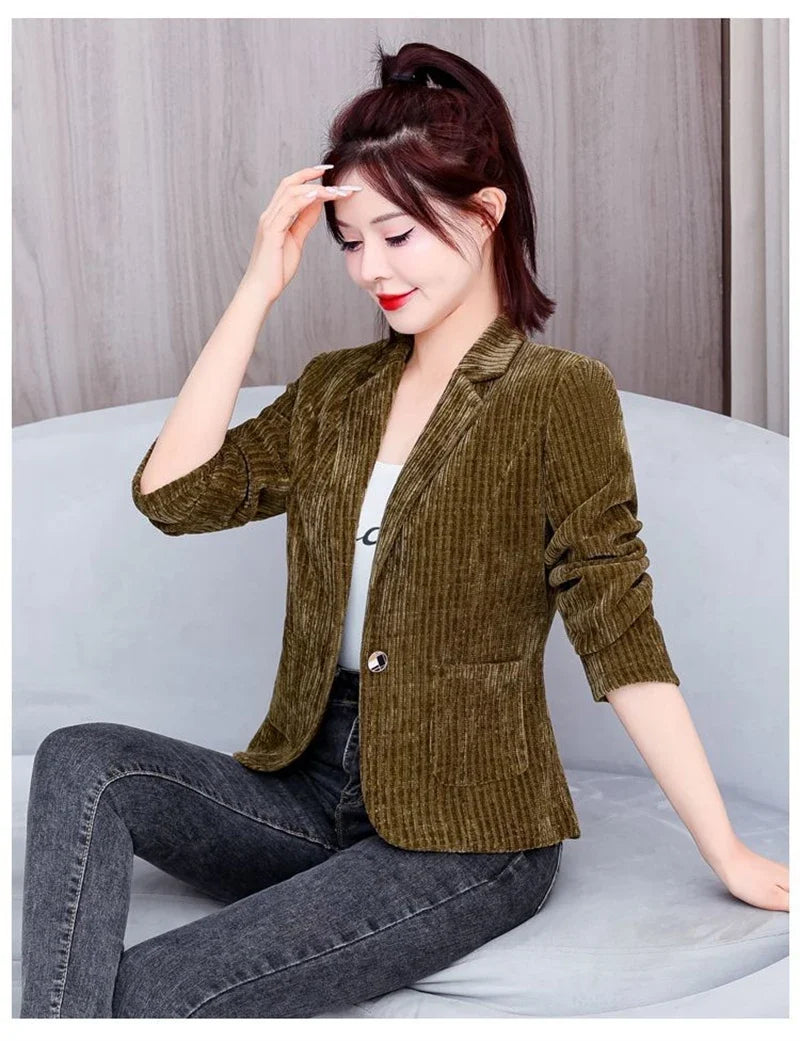 New Casual Suit Jackets Spring Autumn Slim Women‘s Blazer One Button Notched Collar Solid Coat Female Short Jacket Bkack Outwear
