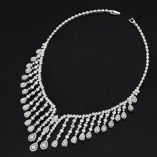 Luxury  4 Pieces Bridal Wedding Jewelry for Women Cubic Zirconia Water Drop Earrings Tassel Necklace Jewelry Sets Party Gift