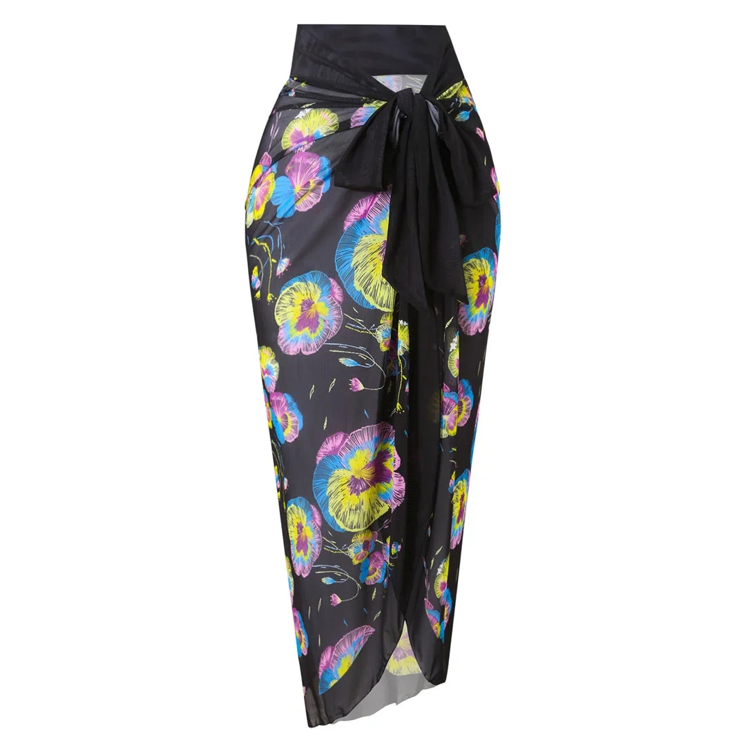 S - XXL Printed Long Sleeve With Sarong One Piece Swimsuit Women Swimwear Female Flowers Padded Bather Bathing Suit Swim V7181